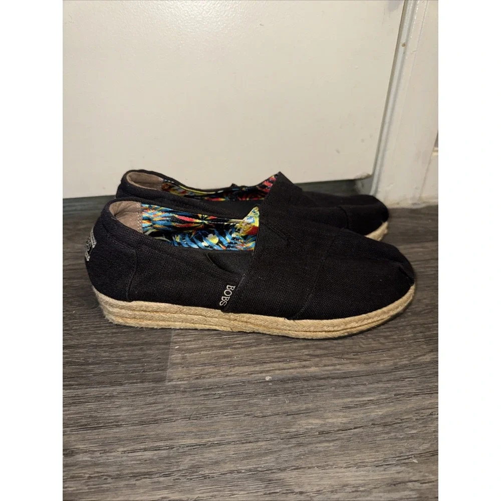 Skechers BOBS Highlights High Jinx Espadrille Wedge Black Canvas Shoes Womens